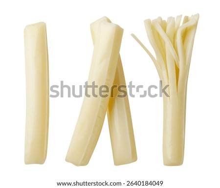 Set of string cheese sticks close-up on a white background. Top view