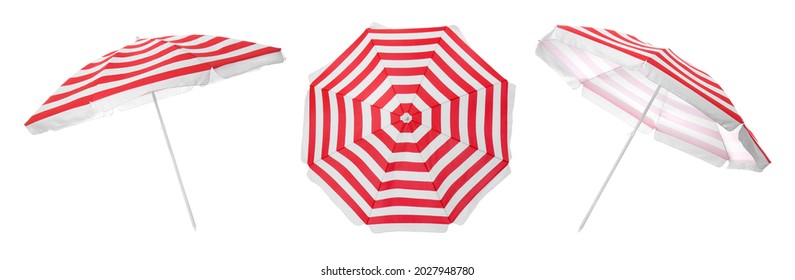 Set with striped beach umbrellas on white background. Banner design - Shutterstock ID 2027948780