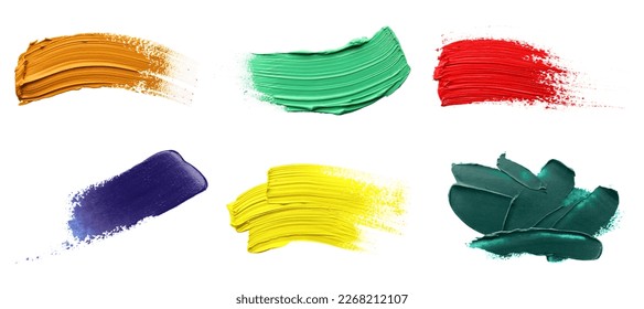 Set with strokes of colorful oil paints on white background, top view - Powered by Shutterstock