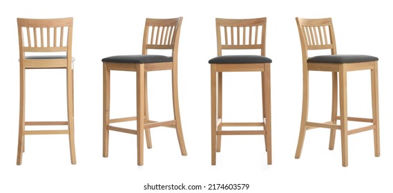 Set With Stylish Bar Stools On White Background. Banner Design