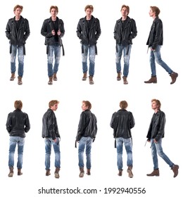 Set of stylish biker or rocker walking man in leather jacket and jeans. Side, front and back view. Full body people isolated on white background.