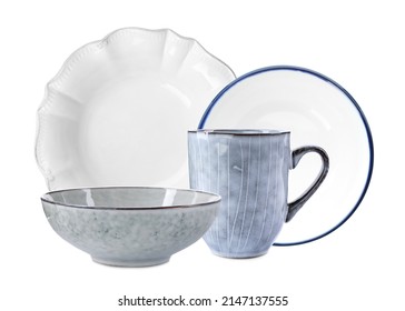 Set Of Stylish Ceramic Dinnerware On White Background