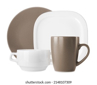 Set Of Stylish Ceramic Dinnerware On White Background