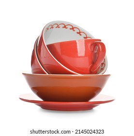 Set Of Stylish Dinnerware On White Background