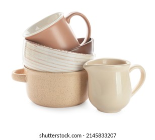 Set of stylish dinnerware on white background