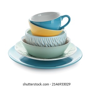 Set Of Stylish Dinnerware On White Background