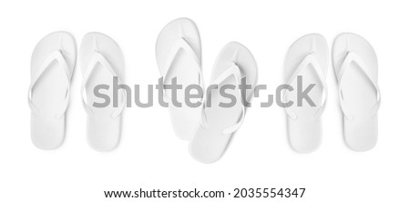 Set with stylish flip flops on white background, top view. Banner design