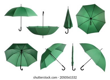 Set with stylish green umbrellas on white background