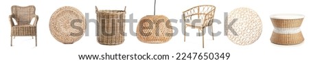 Set of stylish rattan furniture on white background