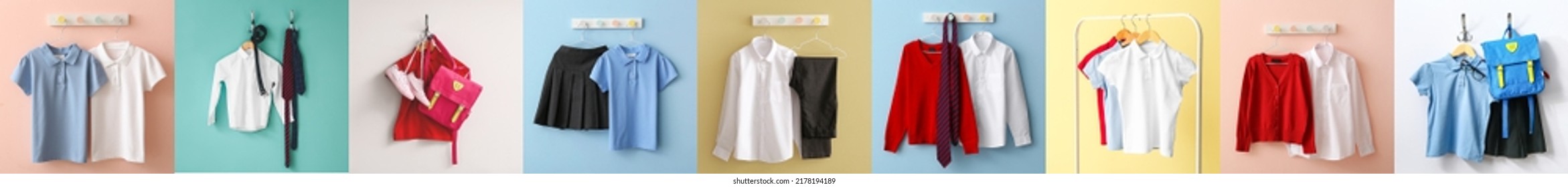 Set of stylish school uniform hanging on color background - Powered by Shutterstock