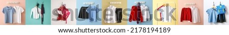 Set of stylish school uniform hanging on color background