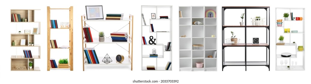 Set of stylish shelf units with decor on white background - Shutterstock ID 2033703392