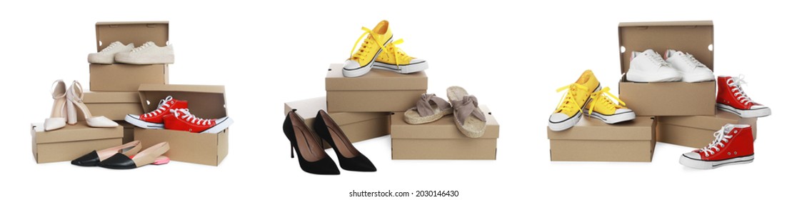 Set with stylish shoes and cardboard boxes on white background. Banner design