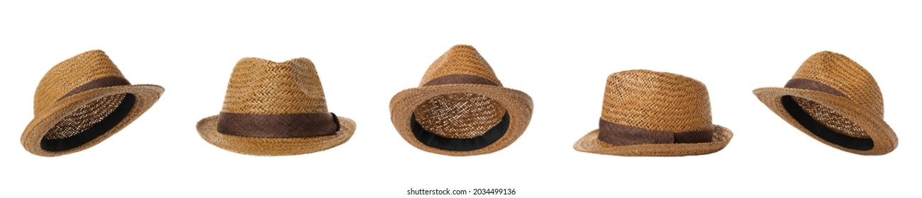 Set with stylish straw hats on white background, banner design. Stylish headdress