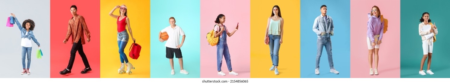 Set of stylish teenagers on color background - Shutterstock ID 2154856065