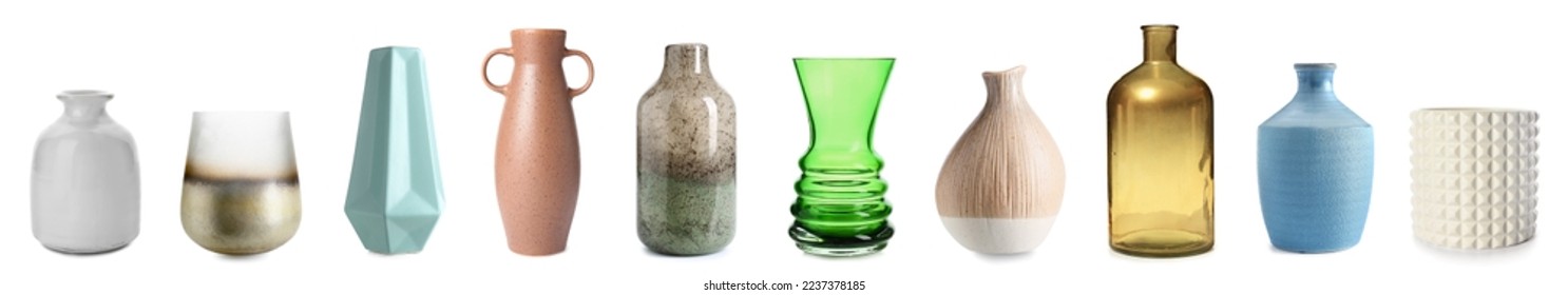 Set of stylish vases on white background - Shutterstock ID 2237378185
