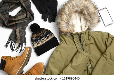 Set Of Stylish Winter Clothes On White Background, Top View