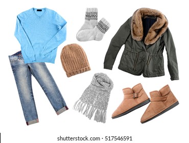 Set of stylish winter clothes on white background. Style and fashion concept.