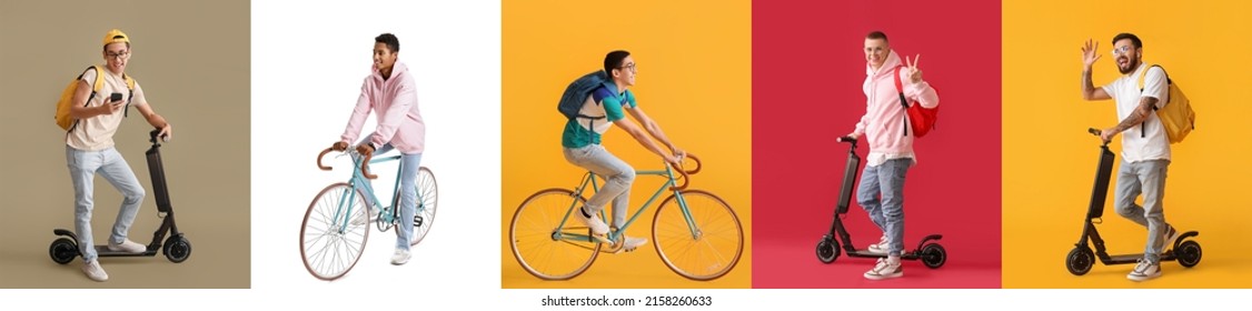 Set of stylish young men with bicycle and scooter