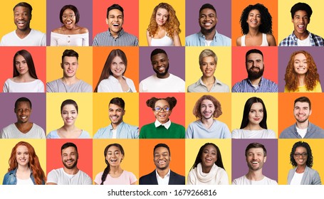 Set Of Successful Smiling Mixed People Faces Posing Over Colorful Backgrounds. Social Variety And Diversity Concept