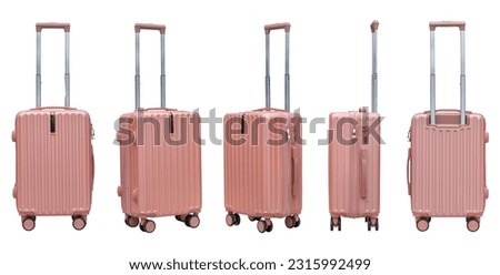 Set of suitcases and travel bags, red or rose colors, various patterns, on a white background.