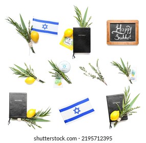 Set Of Sukkot Festival Symbols On White Background