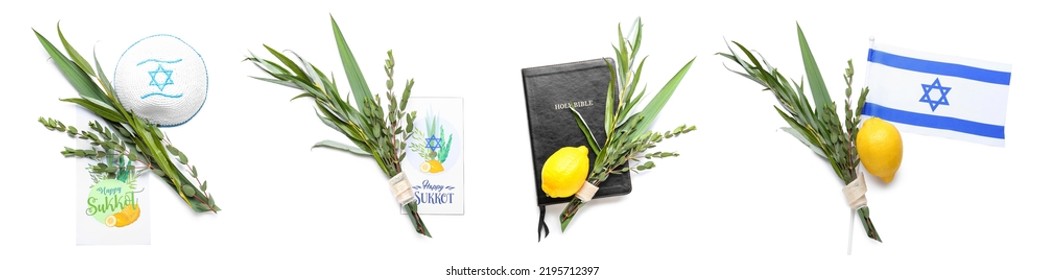 Set Of Sukkot Festival Symbols On White Background