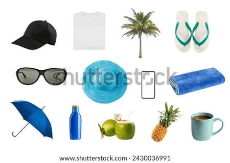 Set of summer beach . Coconut tree, flipflop ,pineapple, glasses, umbrella, smartphone, towel isolated on white background.
