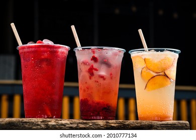 Set Of Summer Lemonades In Plastic Cups For Takeaway, Colourful Lemonade In Transparent Cup, Lemonade To Go Cup With Different Fruits Cocktail