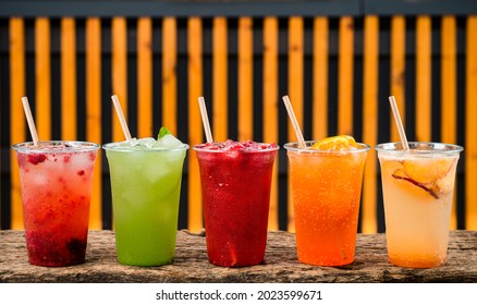 Set Of Summer Lemonades In Plastic Cups For Takeaway, Colourful Lemonade In Transparent Cup, Lemonade To Go Cup With Different Fruits Cocktail