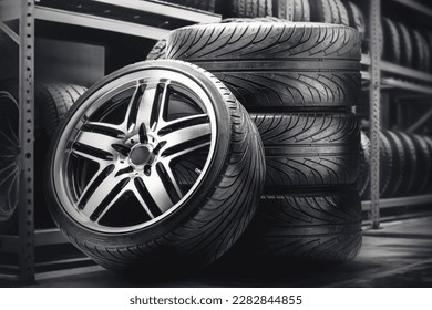 A set of summer wheels in a tire warehouse, against the background of tire racks. Beautiful cool alloy wheels on a black background, seasonal tire fitting and overshooting, wheel storage - Powered by Shutterstock