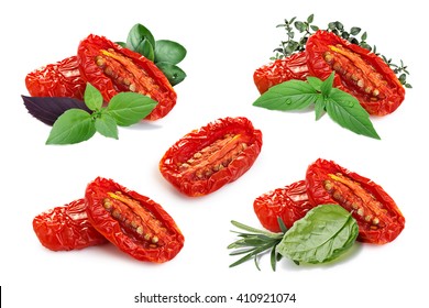 Set of sun dried tomatoes with different fine herbs. Separate clipping paths for each objects and for shadows. Infinite depth of field