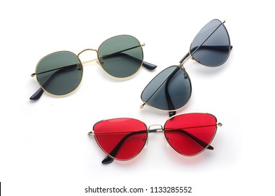 Set Of Sunglasses Metal Frame: Cat's Eye And Round Isolated On White