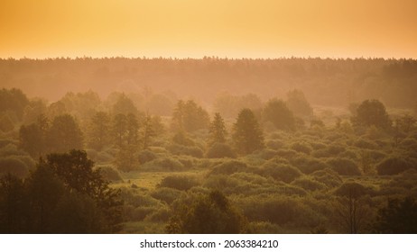 Set. Sunrise Over Forest Landscape. Scenic View Of Morning Sky With Rising Sun Above Forest. Early Summer Nature Of Europe. Time Lapse, Timelapse, Time-lapse.