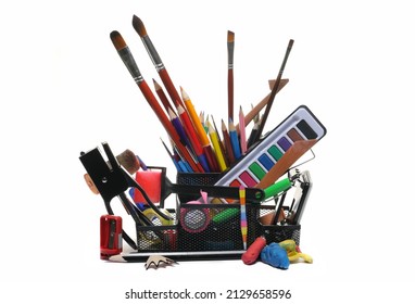 Set Supply Organizer, Black Pencil Holder Filled With Office Items Isolated On White