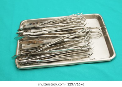 Set Of Surgical Instrument On Sterile Tray, Micro Forceps Set