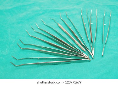 Set Of Surgical Instrument On Sterile Table, Micro Forceps Set