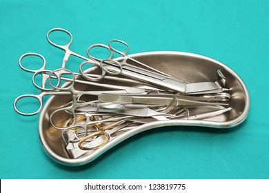 Set Of Surgical Instrument On Sterile Tray