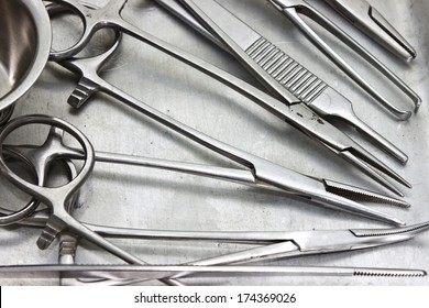 set of surgical instrument on sterile tray
