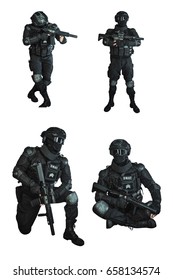 Set Of SWAT Team With An Assault Rifle On White Background (isolated). Special Weapons And Tactics. Special Forces.