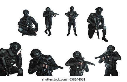 Set Of SWAT Team With An Assault Rifle On White Background (isolated). Special Weapons And Tactics. Special Forces.