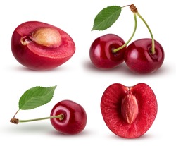 Set Sweet Cherry Berry. One Cut In Half With Bone, Two A Branch With Leaf, And Single Isolated On White Background. Clipping Path. Full Depth Of Field.  