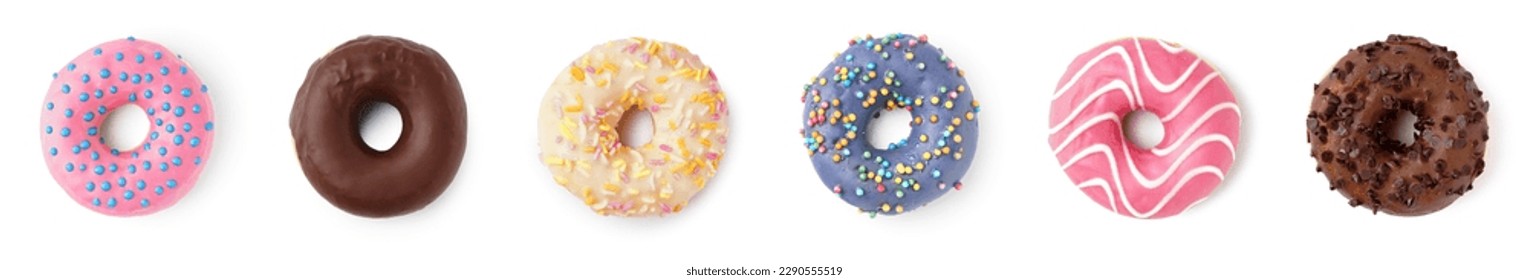 Set of sweet donuts on white background, top view