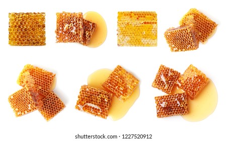 Set with sweet honeycomb pieces on white background, top view