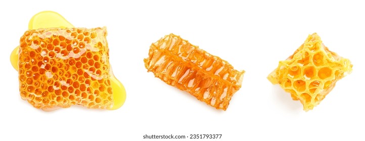Set of sweet honeycombs on white background, top view