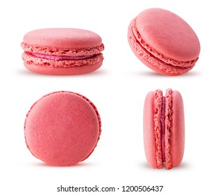 Set sweet raspberries macarons isolated on white background. Clipping Path. Full depth of field. - Shutterstock ID 1200506437