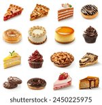 Set of sweets and desserts, Bakery sweet pastries collection. Apple pie, cheesecakes, strawberry cake, donuts, tart, chocolate cake slice, vanilla cake, cupcakes, chocolate cookies. Desserts set.