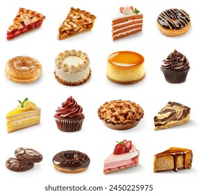 Set of sweets and desserts, Bakery sweet pastries collection. Apple pie, cheesecakes, strawberry cake, donuts, tart, chocolate cake slice, vanilla cake, cupcakes, chocolate cookies. Desserts set.