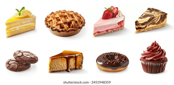 Set of sweets and desserts, Bakery sweet pastries collection. Apple pie, cheesecakes, strawberry cake, donuts, tart, chocolate cake slice, vanilla cake, cupcakes, chocolate cookies. Desserts set.  - Powered by Shutterstock