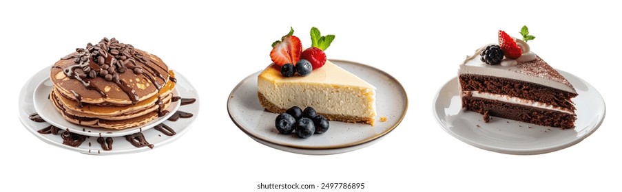 Set of sweets and desserts .chocolate pancakes, cheesecakes and chocolate slice cake. - Powered by Shutterstock